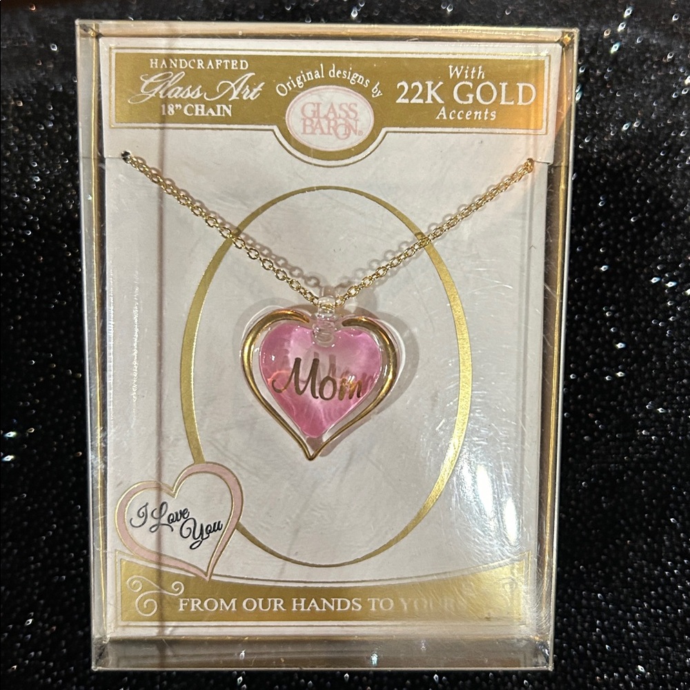 Glass Baron Pink Glass Heart Mom Necklace with Gold Accents.